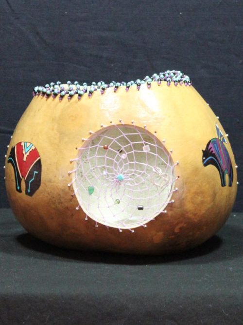 Native American Bear Gourd Pot with Three Woven Dream Catchers
