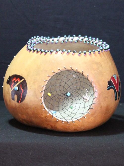 Native American Bear Gourd Pot with Three Woven Dream Catchers